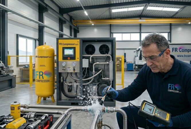 Perdite di aria compressa: tecnico che controlla un raccordo dell'impianto in un capannone industriale
