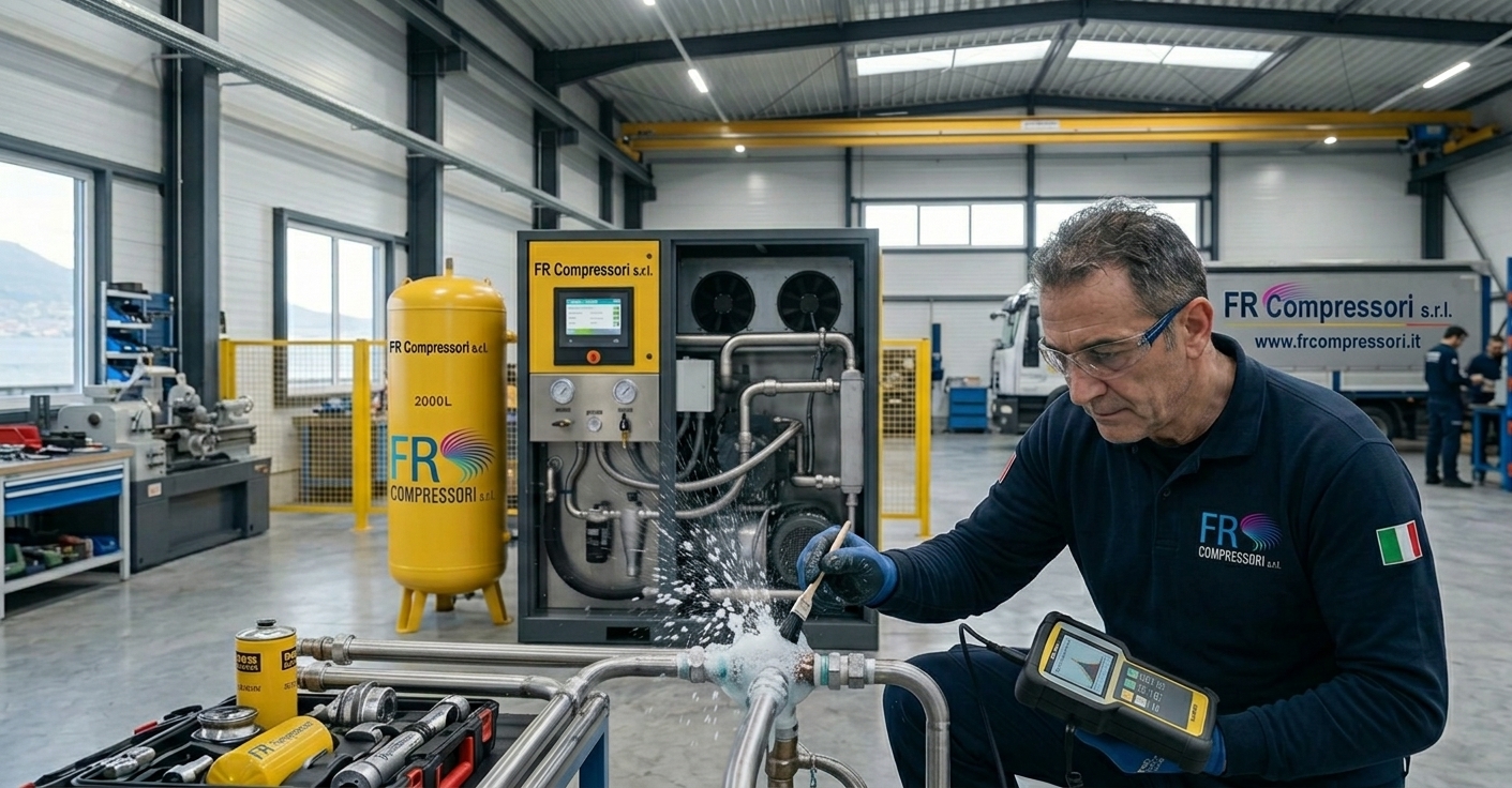 Perdite di aria compressa: tecnico che controlla un raccordo dell'impianto in un capannone industriale