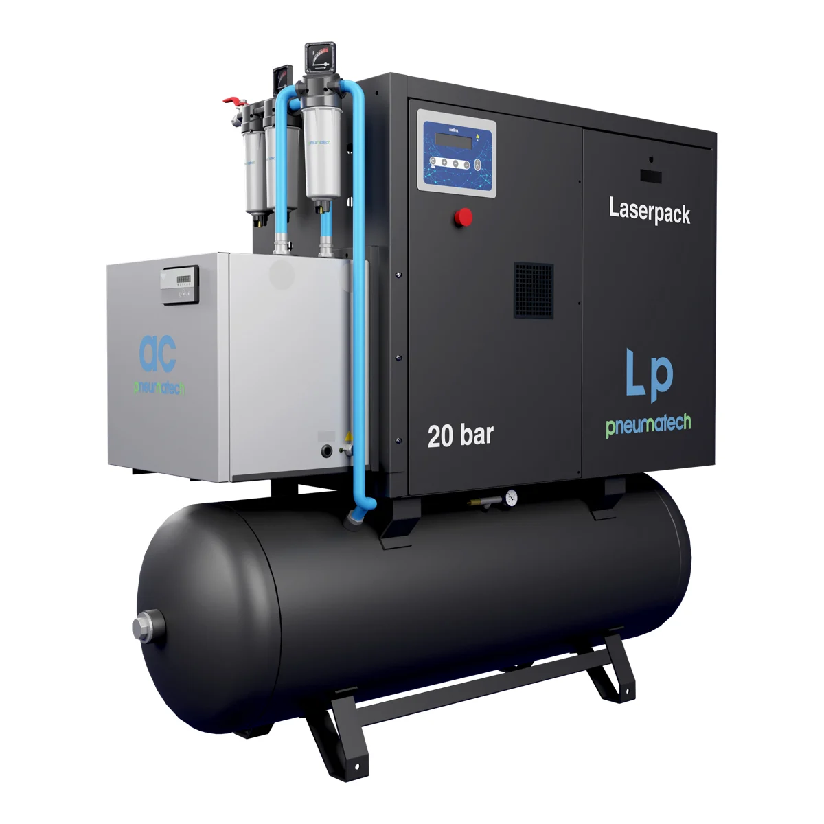 Compressore a vite Pneumatech Laserpack 20 bar per taglio laser con serbatoio, essiccatore e filtri
